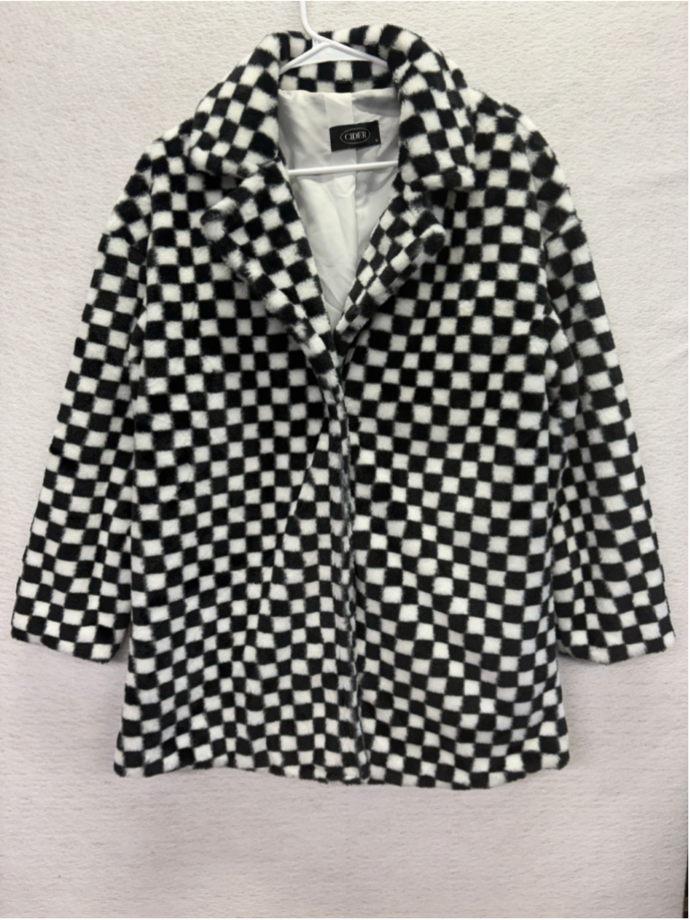 CIDER Black White Checkerboard Faux Fur Coat Womens S Fuzzy Statement Jacket